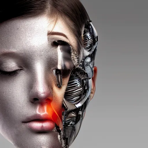 Image similar to A female peeling of her face showing she is a cyborg, hyper realistic, cyborgs, robots, 8k, higly detailed, digital art,