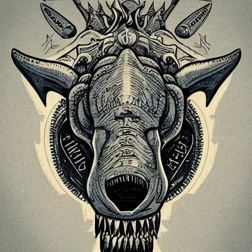 Image similar to triceratops head surrounded by dogs, family crest, style of kilian eng, light, simple, illustration, tattoo,