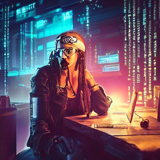 Image similar to a high quality portrait of a beautiful pirate in a cyberpunk cyberpunk cyberpunk cafe, realism, 8k, award winning photo