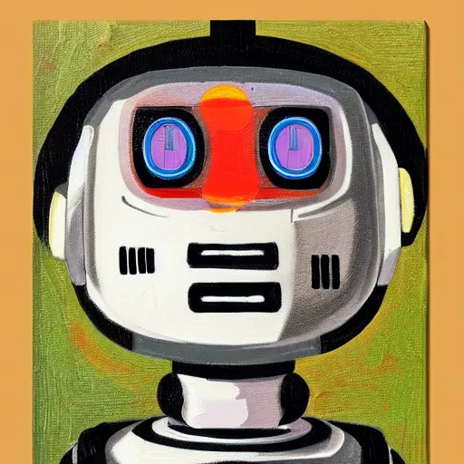 Image similar to portrait of a robot, eggs on canvas