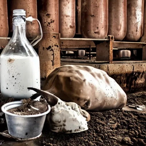 Image similar to dirty bottle of milk and a cow inside rusted slaughterhouse