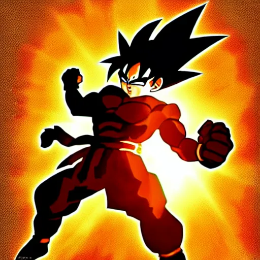 Image similar to goku black silhouette poster with sun background, simple style, character art, sharp focus, highly detailed, artstation