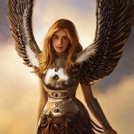 Prompt: portrait of young aasimar angel girl maiden wearing comfy leather armor with beautiful feathered angel wings, cute face, brown eyes, Alison Williams, Emma Roberts, by artgerm and greg rutkowski and alphonse mucha and andrei riabovitchev, 4k oil on linen, vivid colors, colorful, photorealistic, high dynamic range, HDR, intricate, elegant, highly detailed, digital painting, artstation, concept art, smooth, sharp focus, illustration, mid-shot, medium shot, hyperdetailed