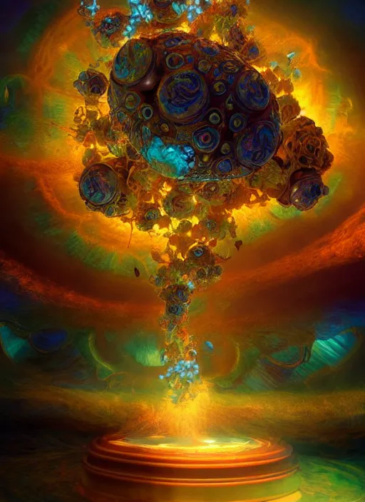 Image similar to flowers within the whole infinite capsule apparent with awe the apparition, an idea seep's into infinity highly detailed in volumetric latent space, golden turquoise steampunk, high contrast cinematic light, mystical shadows, sharp focus, divine realm of gods, octane render, artist by boris vallejo,