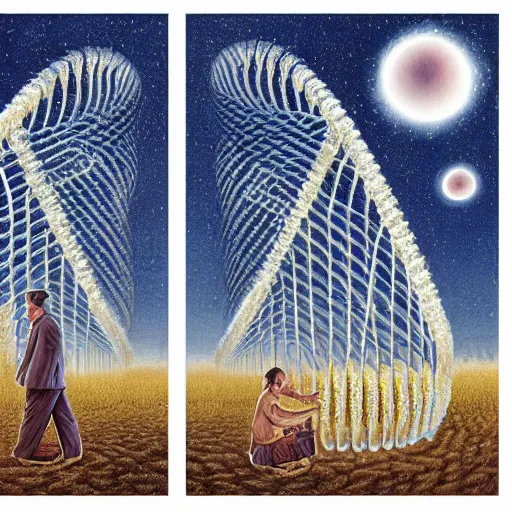 Image similar to in a field, two scientists in lab coats encounter a monster shaped like the DNA double helix, stormy weather, by Rob Gonsalves