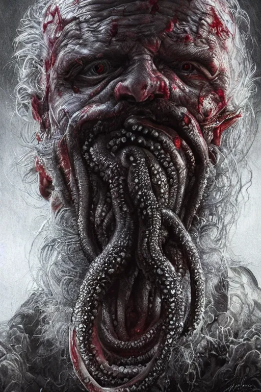 Prompt: realistic portrait of beautifully crystalized and detailed portrait of a zombie old man, tentacles, matte painting of cinematic movie scene red dragon, horror, created by gustave dore and greg rutkowski, high detailed, smooth draw, synthwave neon retro, intricate, realistic proportions, dramatic lighting, trending on artstation.
