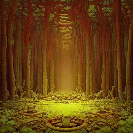 Image similar to “inside the Forest Temple from LOZ: OOT hyperrealism in the style of Zdzisław Beksiński. Trending on artstation”