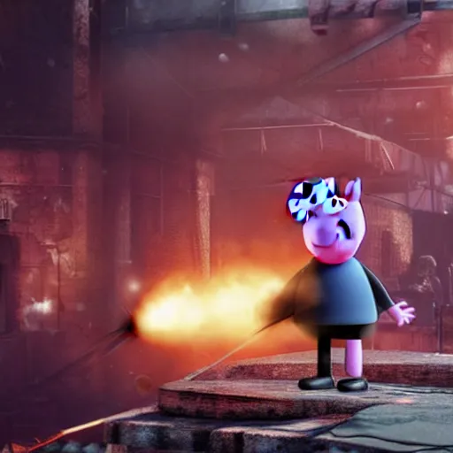 Image similar to Peppa pig in Gears of War, splash art, movie still, cinematic lighting, dramatic, octane render, long lens, shallow depth of field, bokeh, anamorphic lens flare, 8k, hyper detailed, 35mm film grain