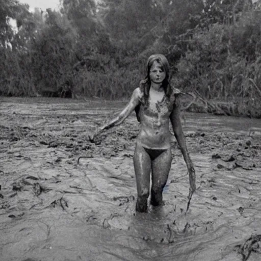 Prompt: emma watson rising out of muddy vietnam river, face covered in mud, low camera angle at water level, night time, film still from apocalypse now ( 1 9 7 9 ), 2 6 mm,