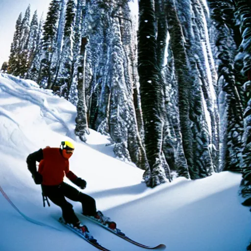 Image similar to Action photograph of Bigfoot skiing in rad 1990s gear, motion blur, Flash photography