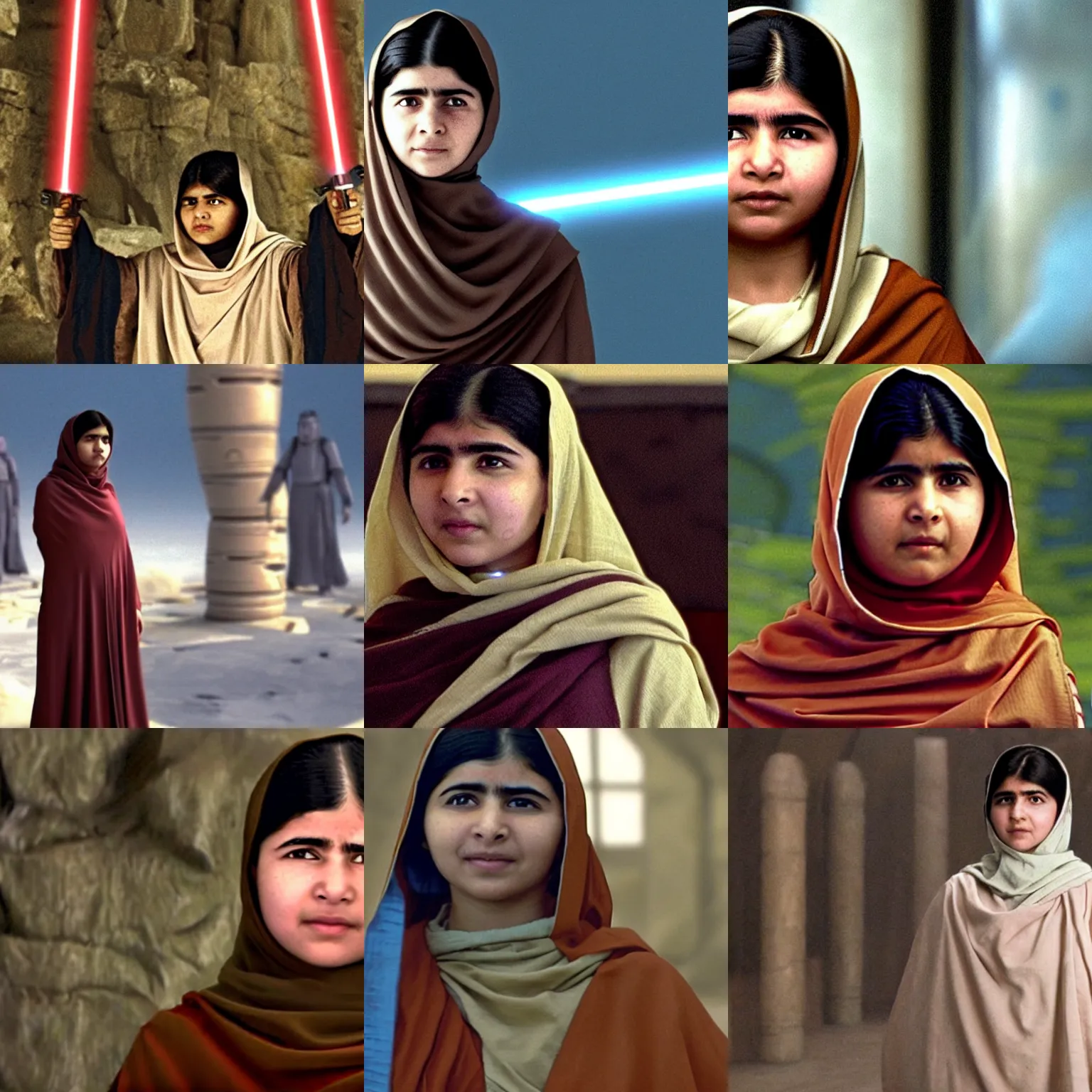 Prompt: Malala Yousafzai as a Jedi Knight, wearing Jedi robes, film still from Star Wars: Revenge of the Sith