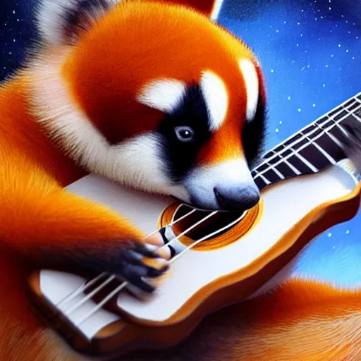 Image similar to cute fluffy Ailurus fulgens playing a ukulele, fully detailed, high quality , 4k , digital art, digital painting, soft light , masterpiece