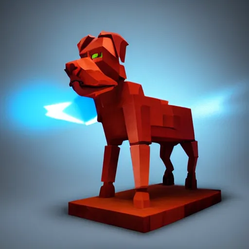 Prompt: redstone sculpture of a detailed carved smiling pitbull + dramatic lightning + volumetric light + backlightning + lensflares + rays of light + dramatic shadows + glowing particles