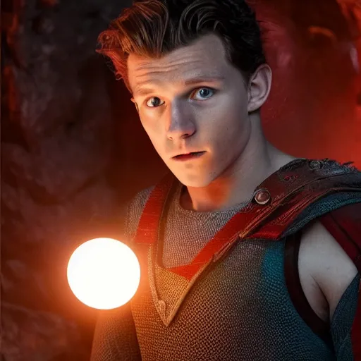 Prompt: Tom Holland wearing a viking tunic holding a small glowing red magical orb with electrical bolts emitting from it. In an icy cave. Trending on Artstation octane render ultra detailed art by Ross tran