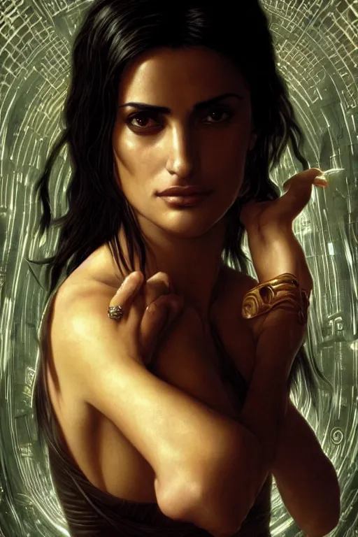 Image similar to penelope cruz in the movie Matrix, intricate, cinematic lighting, highly detailed, beautiful, digital painting, artstation, masterpiece, concept art, smooth, sharp focus, illustration, art by Artgerm and Greg Rutkowski and Alphonse Mucha and william-Adolphe Bouguereau