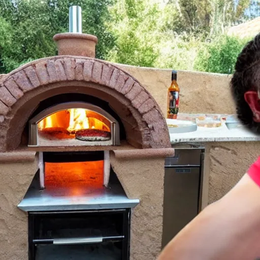 Prompt: shocked man opens pizza oven and discovers a pizza