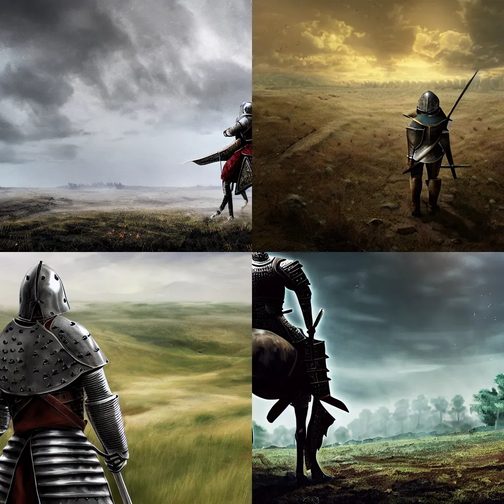 Prompt: art of a medieval knight from the back, in the middle of a lonely battleground after battle, 4K, high detailed