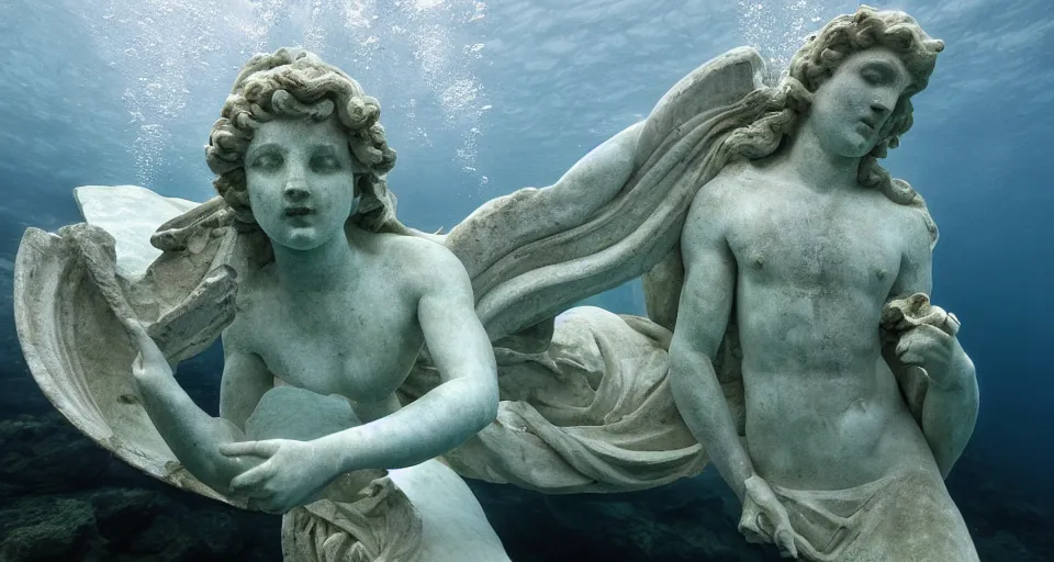 Prompt: An underwater marble greek statue,