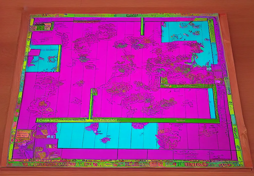 Image similar to “magenta theme, war tactic table with a map on it, unfinished borders, 4k, 3D, view from the side”