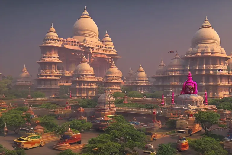 Image similar to beautiful futuristic new delhi, sci - fi ganesha!! building, kalighat flowers, octane highly detailed cinematic, stephen shore & john j. park, soft morning light, wide shot, aerial shot, uhd 8 k, shallow depth of field