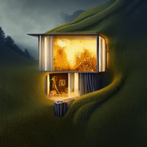 Prompt: ! dream small hillside house made of honey, modern lighting, hyper - realistic, hyper - detailed, 8 k, octane rendered, art nouveau, organic, flowing, impossible torsion, writhing, lush, dynamic