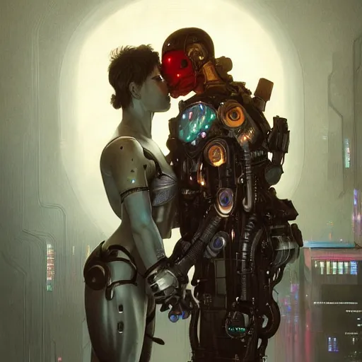 Image similar to ultra realistic medium shot of a couple of cyborgs kissing, lovers, cyberpunk, sci - fi, fantasy, kodak, colour led, soft light, volumetric lighting, night, intricate, highly detailed, digital painting, concept art, smooth, sharp focus, illustration, art by artgerm and greg rutkowski and alphonse mucha