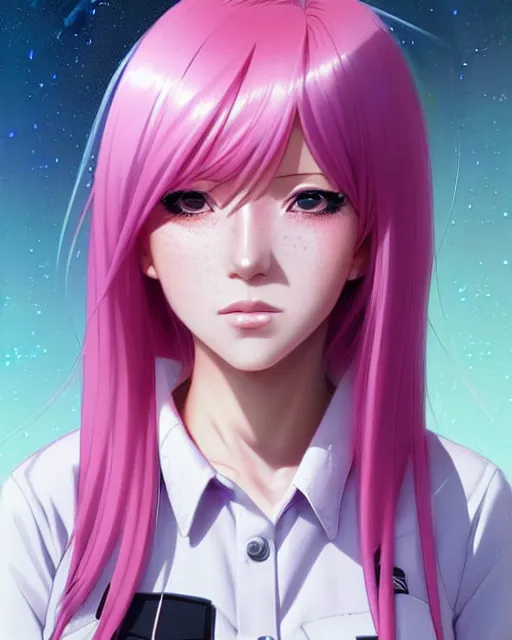 Image similar to portrait Anime pink haired space cadet girl Anna Lee Fisher anime cute-fine-face, pretty face, realistic shaded Perfect face, fine details. Anime. realistic shaded lighting by Ilya Kuvshinov Giuseppe Dangelico Pino and Michael Garmash and Rob Rey, IAMAG premiere, aaaa achievement collection, elegant freckles, fabulous, daily deviation, annual award winner