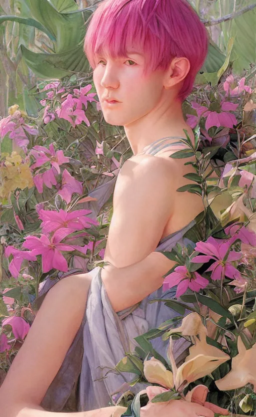 Image similar to androgynous cute pink haired yoongi wearing greek clothes, muted colors, colorful flowers, tropical, sunlight filtering through skin, j. c leyendecker, by alan lee, wlop! illustrated by starember, fantasy art by craig mullins cfg _ scale 8