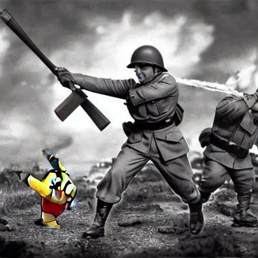 Image similar to pikachu fighting stalin in ww 2 uniform and a mustache, fighting in world war 2, photorealistic, high detail, realistic, sharp focus, smooth edges, soldiers in the background! black & white!, dramatic, sky on fire with dogfights in the sky. wide angle