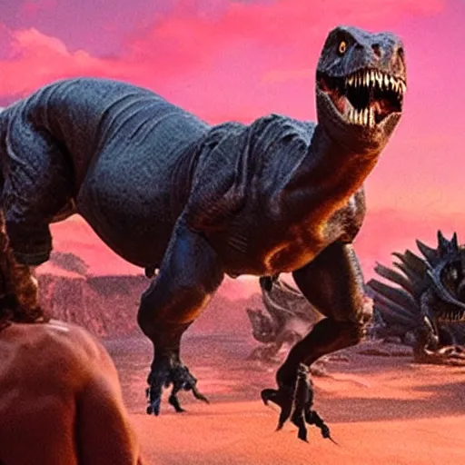 Prompt: shirtless jeff goldblum riding on the back of a t - rex, jurassic park, wide shot, victorious, synthwave