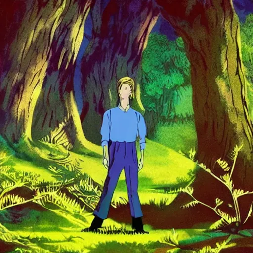 Image similar to david bowie in the forest made by studio ghibli, spirit, night, high details, high quality, 8 k, smooth,