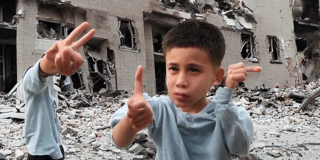 Prompt: a boy doing gun point hand gesture to a building that explode in the way he point at