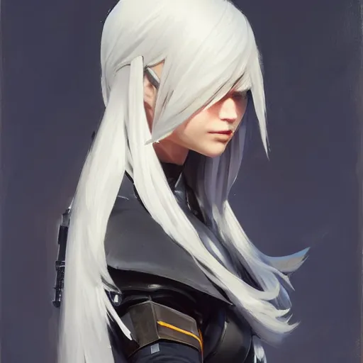 Image similar to greg manchess portrait painting of a 2 yorha type a no. 2 as overwatch character, white long hair, medium shot, asymmetrical, profile picture, organic painting, sunny day, matte painting, bold shapes, hard edges, street art, trending on artstation, by huang guangjian and gil elvgren and sachin teng