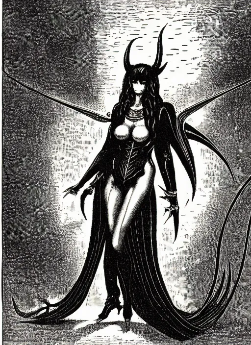 Prompt: illustration of bayonetta as a demon from the dictionarre infernal, etching by louis le breton, 1 8 6 9, 1 2 0 0 dpi scan, ultrasharp detail, clean scan