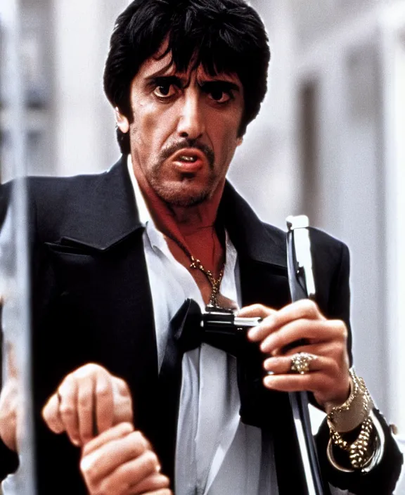 Image similar to extreme long shot. tony montana from movie scarface 1 9 8 3. al pacino, perfect symmetric face, coherent eyes, fine details, 4 k, ron cobb. cinestill