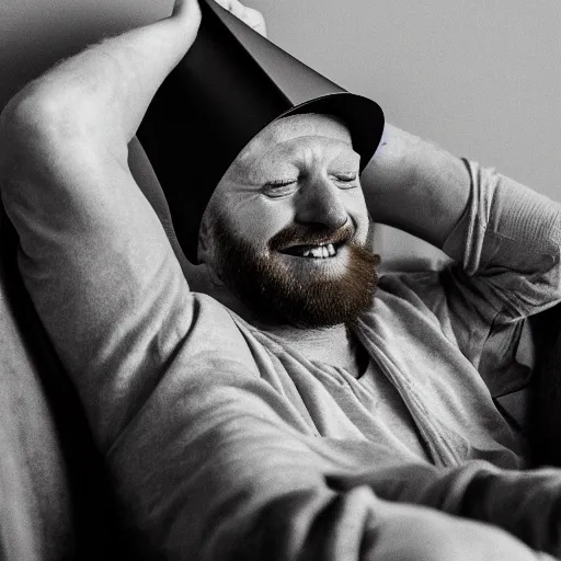 Image similar to drunk ginger haired man slouched on the couch smiling wearing a cone on his head