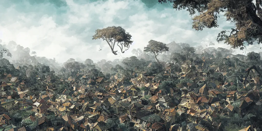 Image similar to cinematic high contrast graphic illustration of a hyper detailed village in the treetops