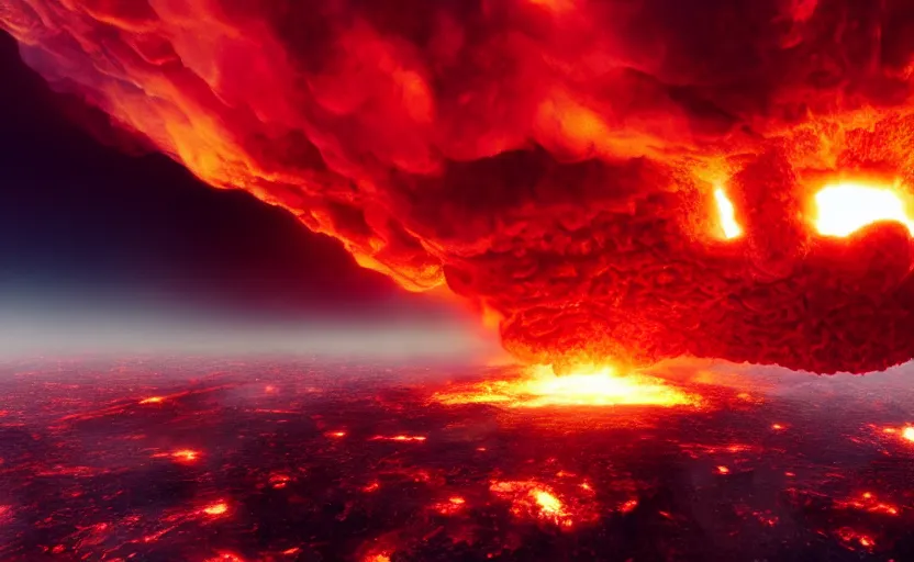 Prompt: thermonuclear explosion of blood with a huge crimson mushroom cloud, cinematic shot, dramatic volumetric lighting, epic composition, 4K Ultra HD