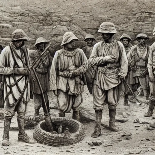 Image similar to ultra detailed photorealistic sepia - toned line drawing from 1 9 1 7, a small group of british soldiers standing with bedouin traders in traditional arab garb, at an archaeological dig site in wadi rum, ultra realistic, painted, intricate details, lovecraft, atmospheric, dark, horror, brooding, highly detailed, by clyde caldwell