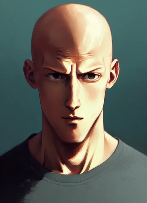 Prompt: handsome saitama, half body shot, path traced, epic, highly detailed, high quality, digital painting, alena aenami, lilia alvarado, shinji aramaki, karol bak, alphonse mucha, tom bagshaw