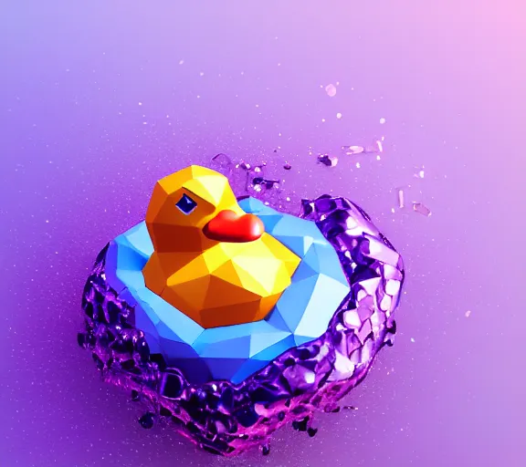 Image similar to shiny gemstone in the shape of a low - poly rubber duck floating in a pool of purple perfume, glistering magic particles, photorealism, mystical, enigmatic, digital oil painting, trending on artstation