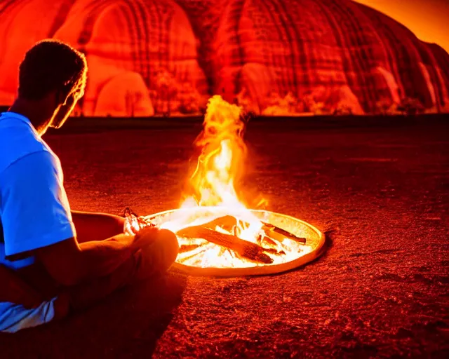 Prompt: close - up of man sitting playing medicine drum at campfire under cosmic night sky with uluru in background, global illumination radiating a glowing aura global illumination ray tracing hdr render in unreal engine 5, dramatic atmospheric volumetric lighting