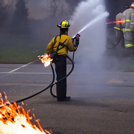 Prompt: photo of a firefighter using a flamethrower projecting a long flame. highly-detailed