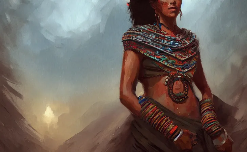 Image similar to A painting of a Aztec Woman trending on artstation in the style of Greg Rutkowski