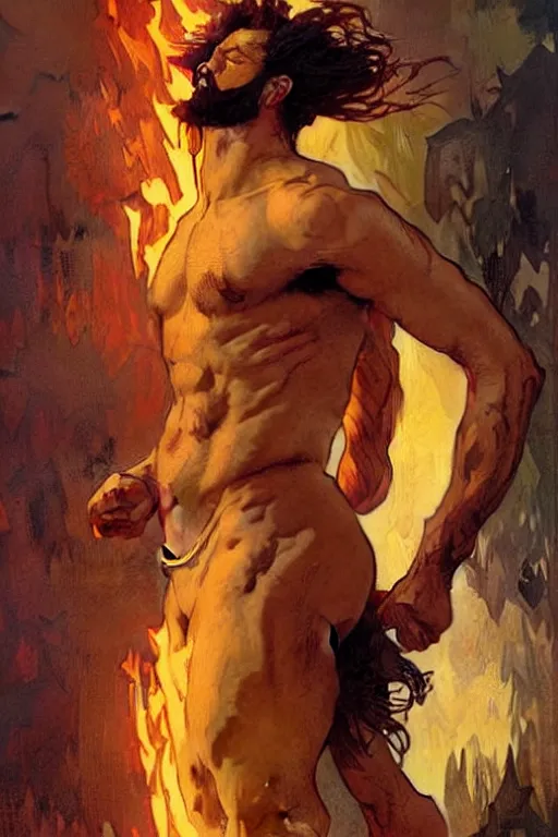 Image similar to A man with beard, hair like fire, muscular, warrior, painting by greg rutkowski and alphonse mucha