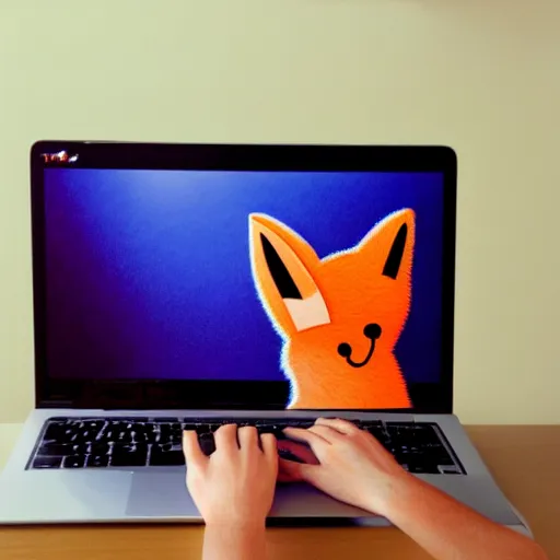 Image similar to portraite of a cute fox sitting in front of laptop, by artgerm, andrei riabovitchev, vivid colors, orange glow