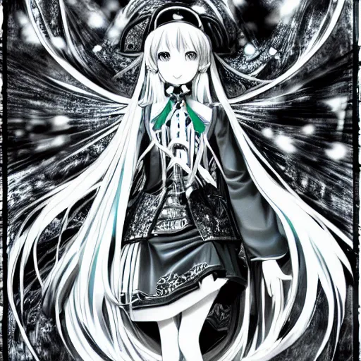 Image similar to hatsune miku by Kentaro Miura, black and white, highly detailed