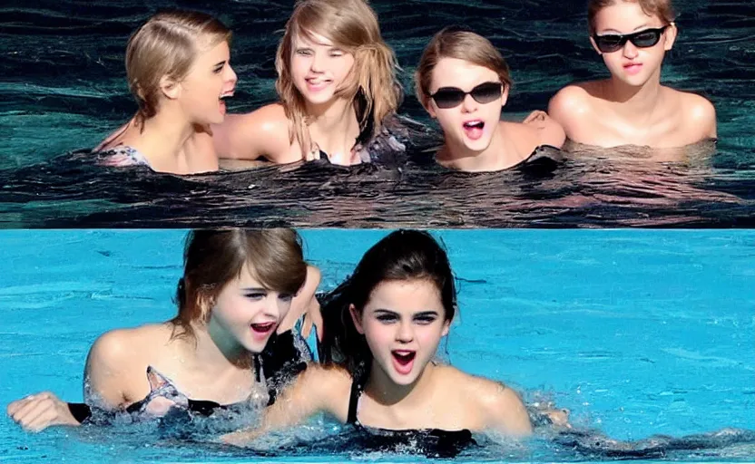 Image similar to emma watson and taylor swift and selena gomez swim together. perfect faces.