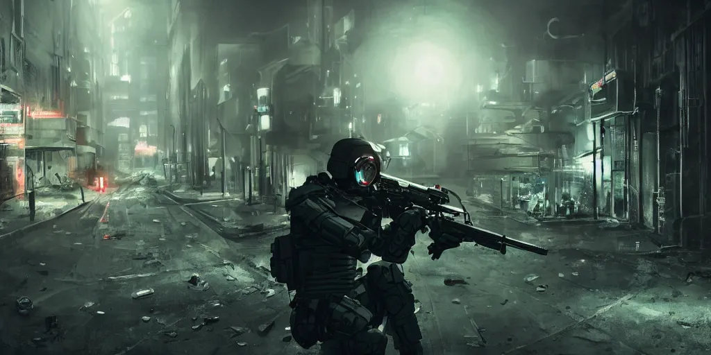 Image similar to panorama military police cyborg shooting a rifle, wearing bullet-riddled armor, glowing red eyes, brutalist industrial cyberpunk alley, blue city lights, dynamic dramatic dark moody lighting,shadows,cinematic atmosphere,Artstation, hyperrealistic 3D digital art,Octane render,8K 4K UHD image