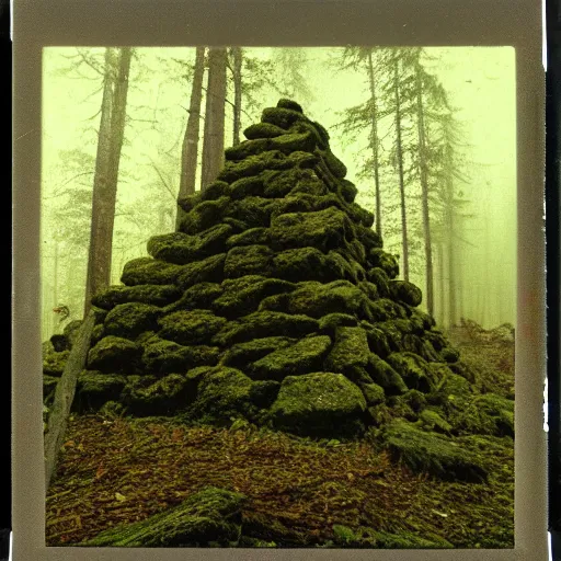 Image similar to a mossy rock pyramid in the middle of a forest clearing, at night, dark, foggy, eerie, creepy, unsettling, lost footage, old polaroid, expired film,